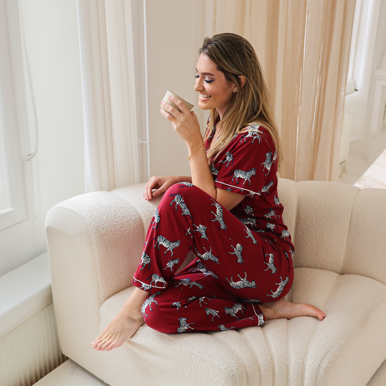 Pyjama long en bambou pour femme - Burgundy Zebra