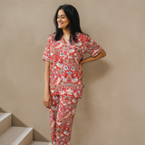 William Morris Ladies Pyjamas Set Strawberry Thief Red